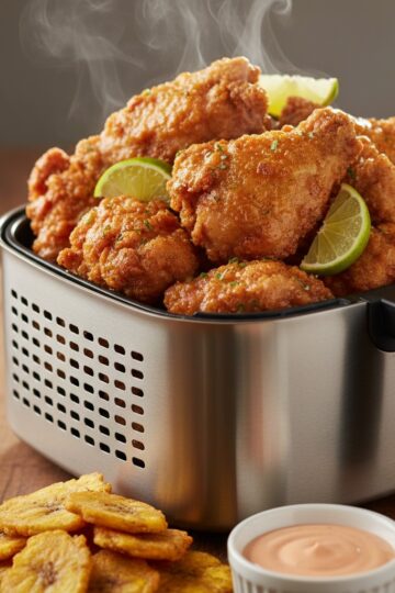 Golden crispy air fryer chicharrón de pollo bone-in chicken bites in air fryer basket with lime wedges and tostones