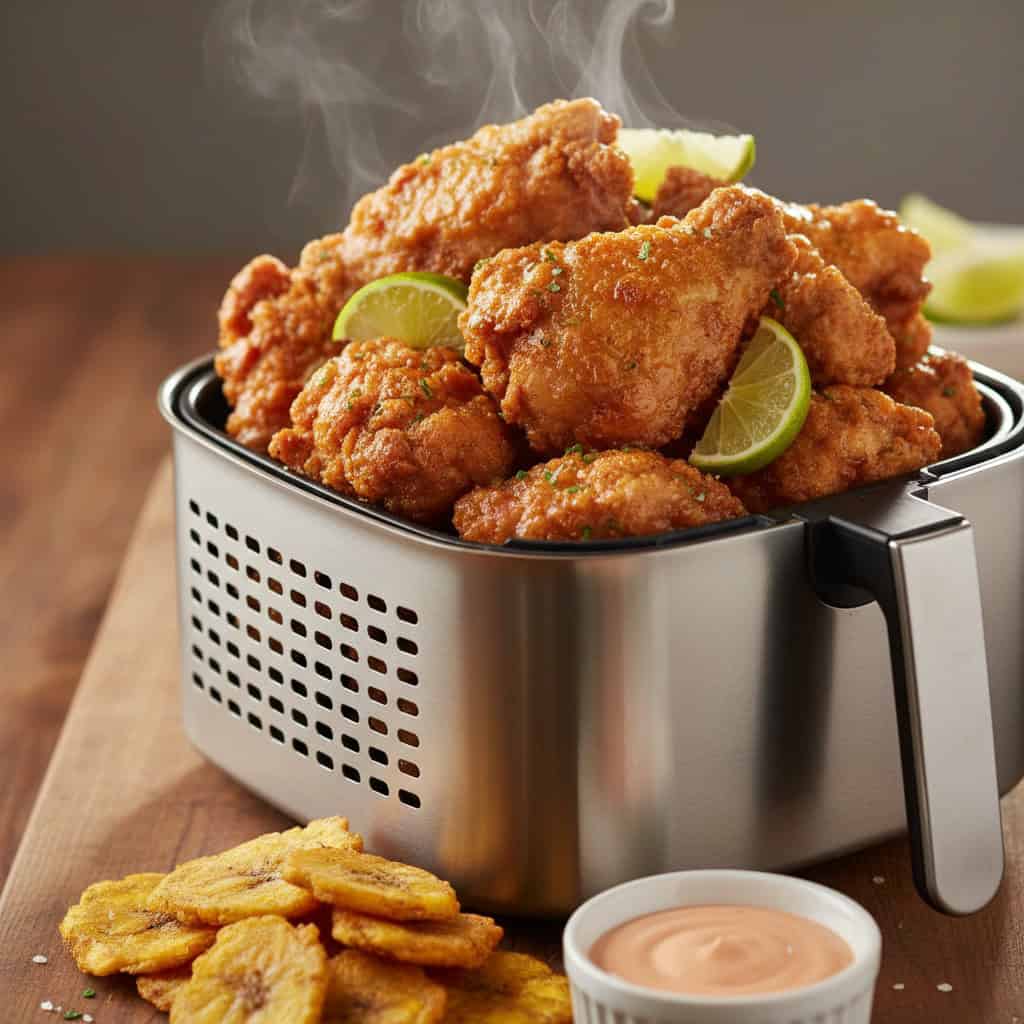Golden crispy air fryer chicharrón de pollo bone-in chicken bites in air fryer basket with lime wedges and tostones