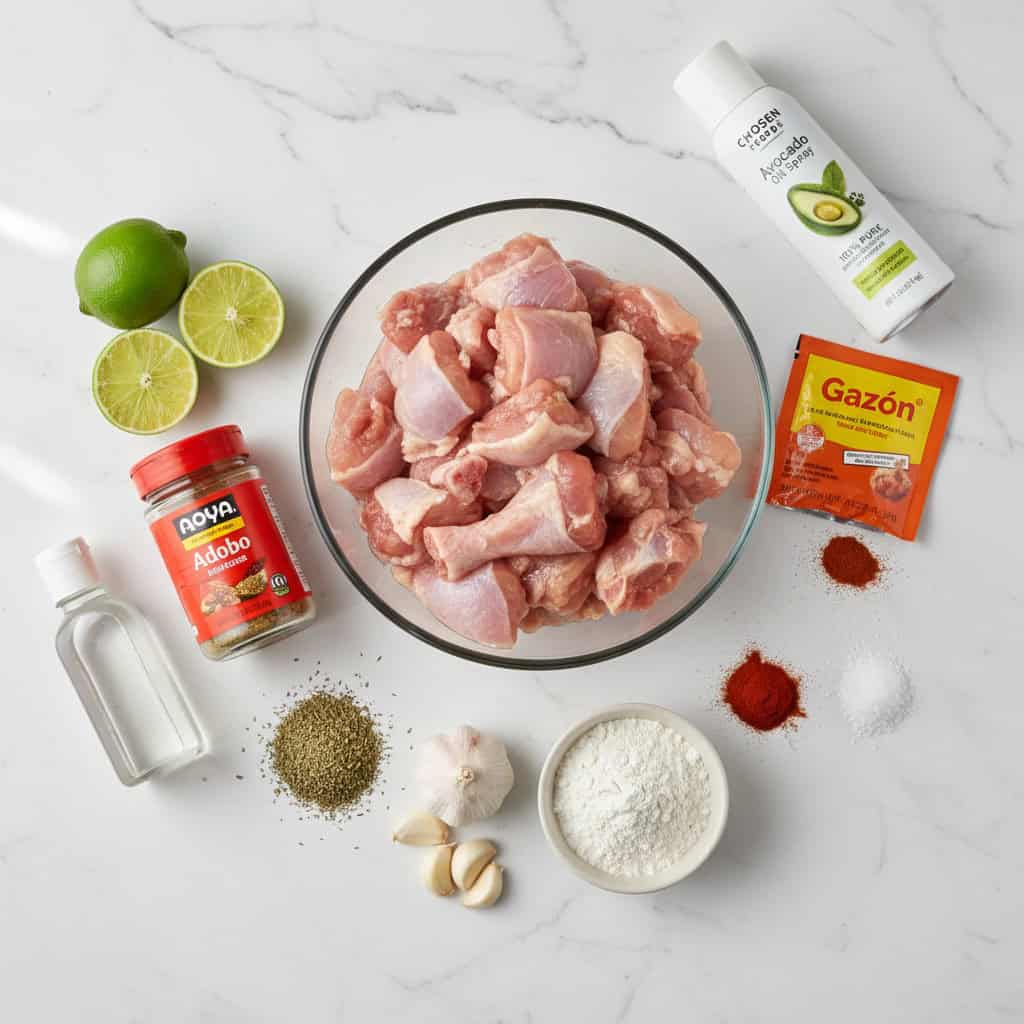 Air fryer chicharrón de pollo ingredients on a marble counter — bone-in chicken pieces, sazón, adobo, oregano, lime, flour, and cornstarch