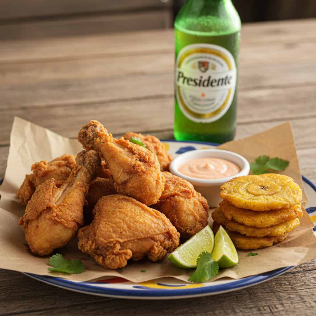 Air fryer chicharrón de pollo on a plate with tostones, mayo-ketchup, lime wedges, and a cold beer