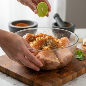 Bone-in chicken pieces being seasoned with adobo, sazón, and lime in a glass bowl