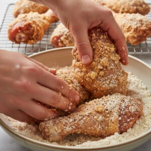 Marinated chicken pieces being double-dredged in seasoned flour and cornstarch mixture