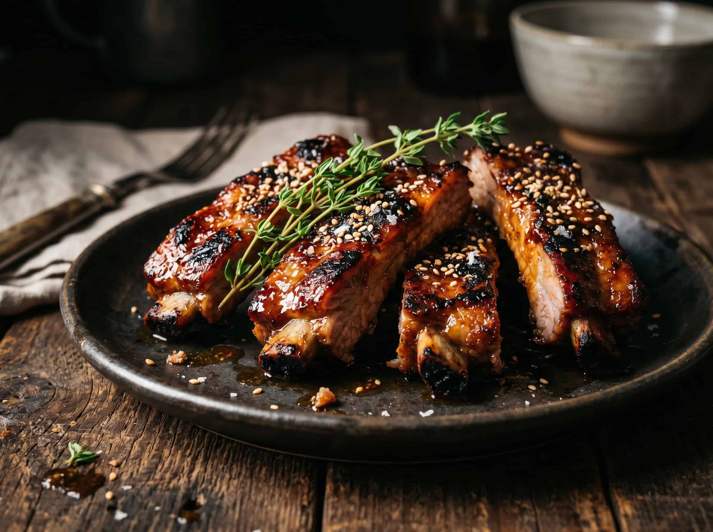 Close-up of air fryer pork riblets on a dark ceramic plate with glossy mahogany glaze, fresh thyme, and toasted sesame seeds