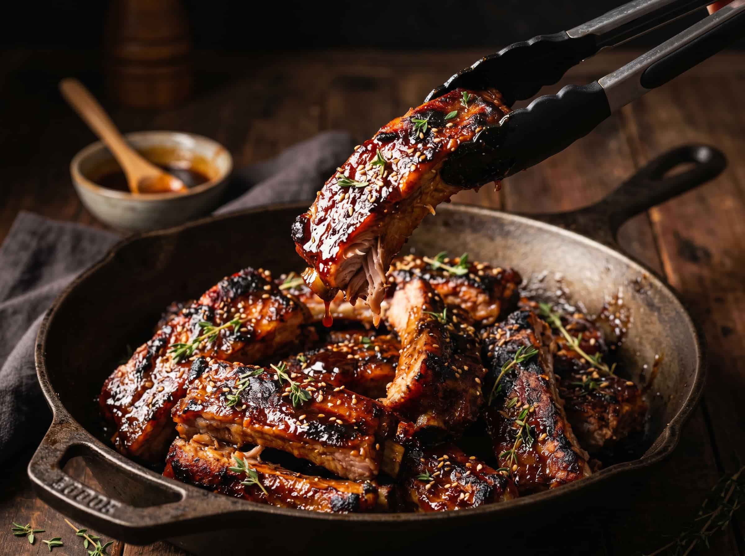 Tongs lifting a glistening caramelized air fryer pork riblet from a cast iron skillet piled with more riblets and fresh thyme garnish