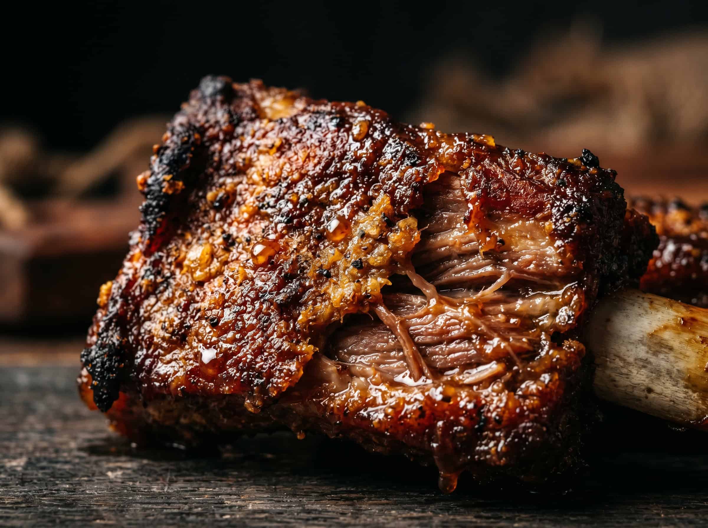 Extreme macro of a single air fryer pork riblet showing crispy caramelized bark, glistening sauce droplets, and tender meat pulling from the bone