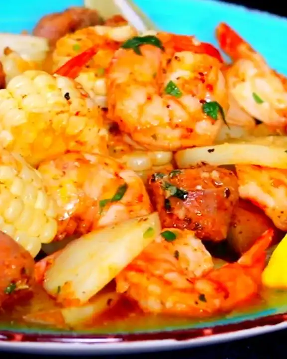 Air Fryer Shrimp Boil closeup with shrimp, corn and sausage