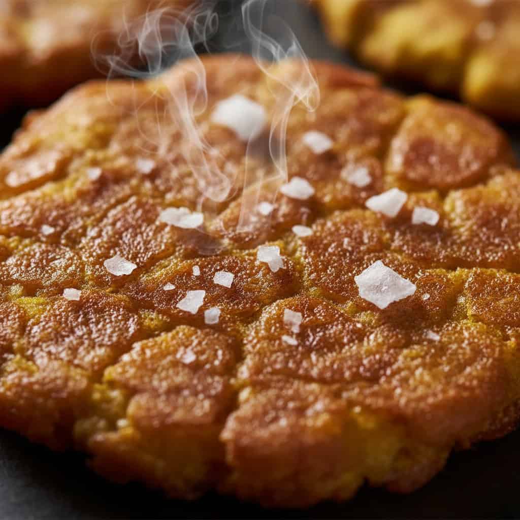 Closeup of crispy air fryer tostones with shattered golden surface and salt crystals