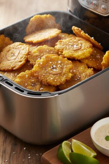 Golden crispy air fryer tostones in an air fryer basket with lime wedges and garlic mojo dipping sauce