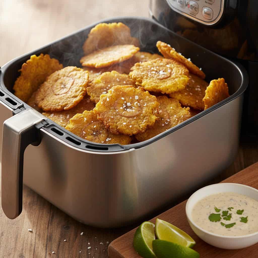 Golden crispy air fryer tostones in an air fryer basket with lime wedges and garlic mojo dipping sauce