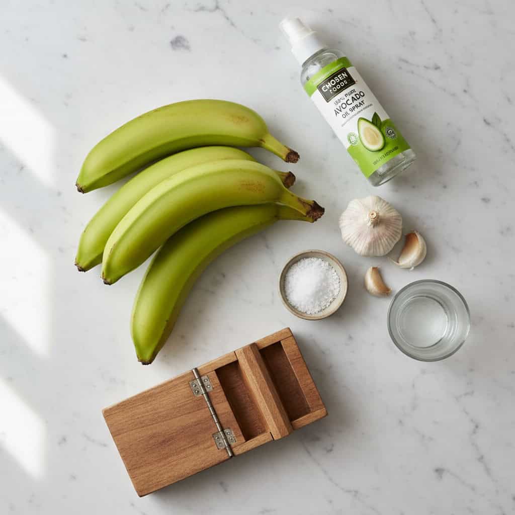 Air fryer tostones ingredients on marble counter — green plantains, garlic, salt, avocado oil spray, and a tostonera