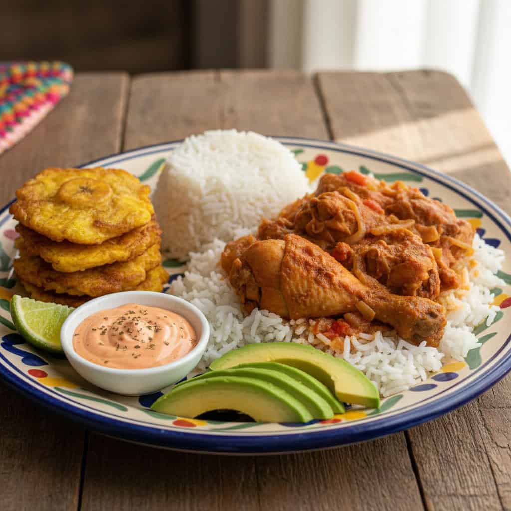 Air fryer tostones served alongside Dominican pollo guisado and white rice