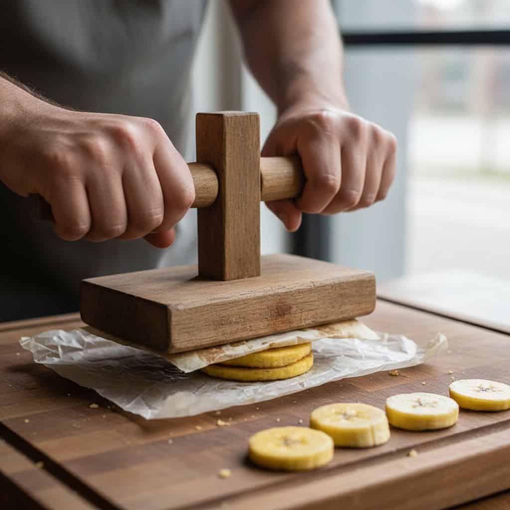 Plantain rounds being flattened with a wooden tostonera press on a cutting board