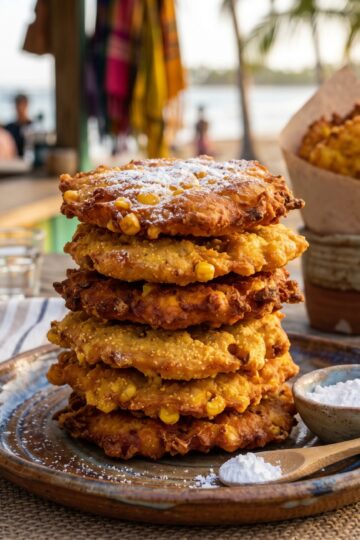 Dominican arepitas de maiz golden corn fritters stacked on plate