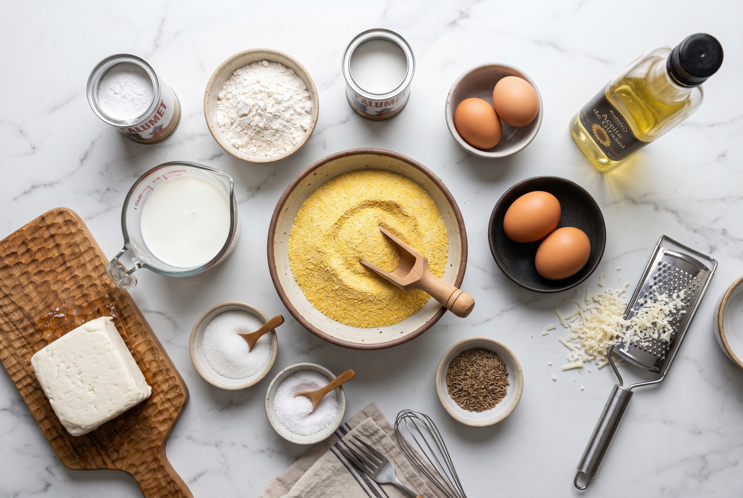 Ingredients for arepitas de maiz - cornmeal flour milk egg cheese anise