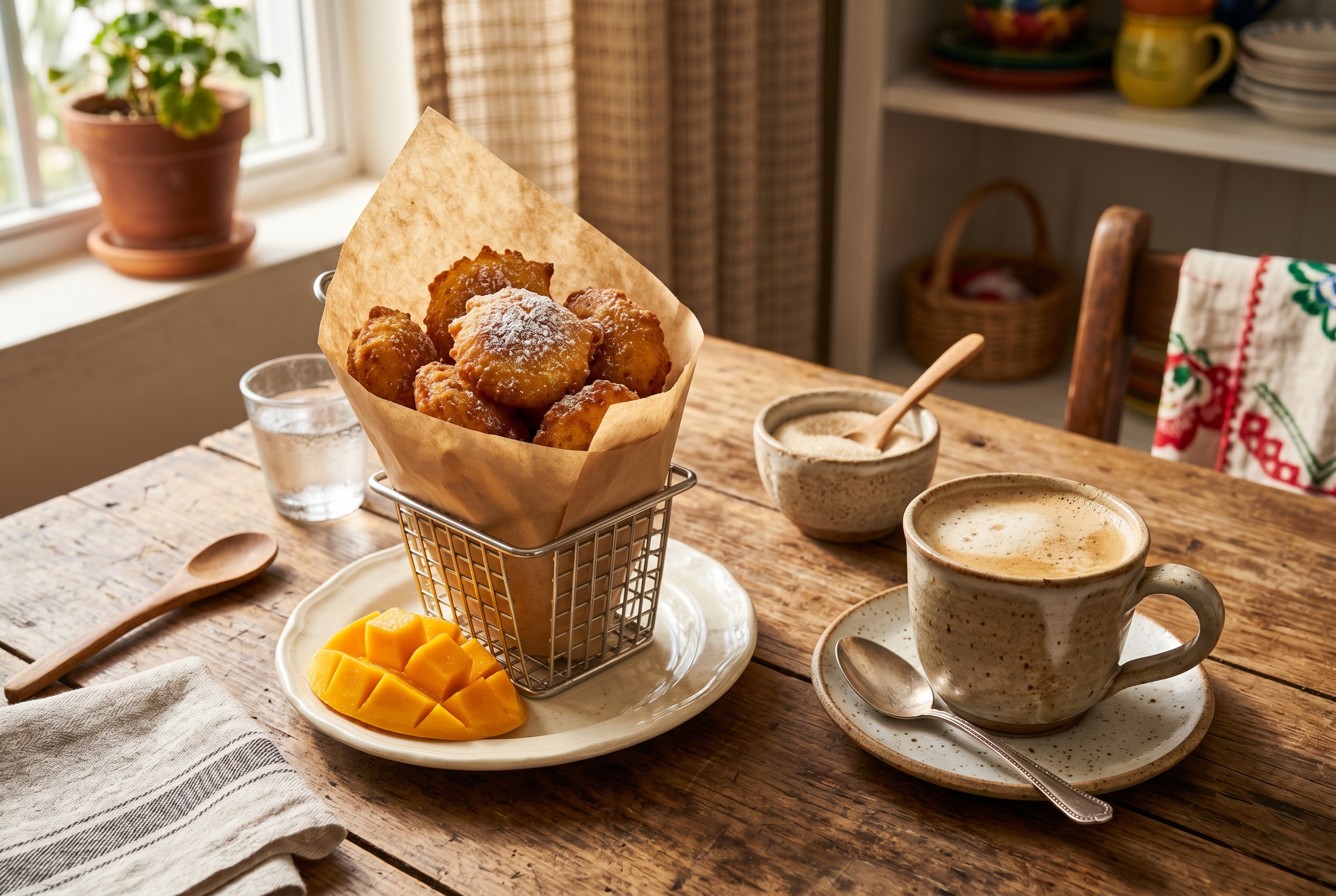 Arepitas de maiz served with cafe con leche Dominican merienda