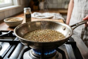 Anise seeds being toasted in small dry skillet on stovetop