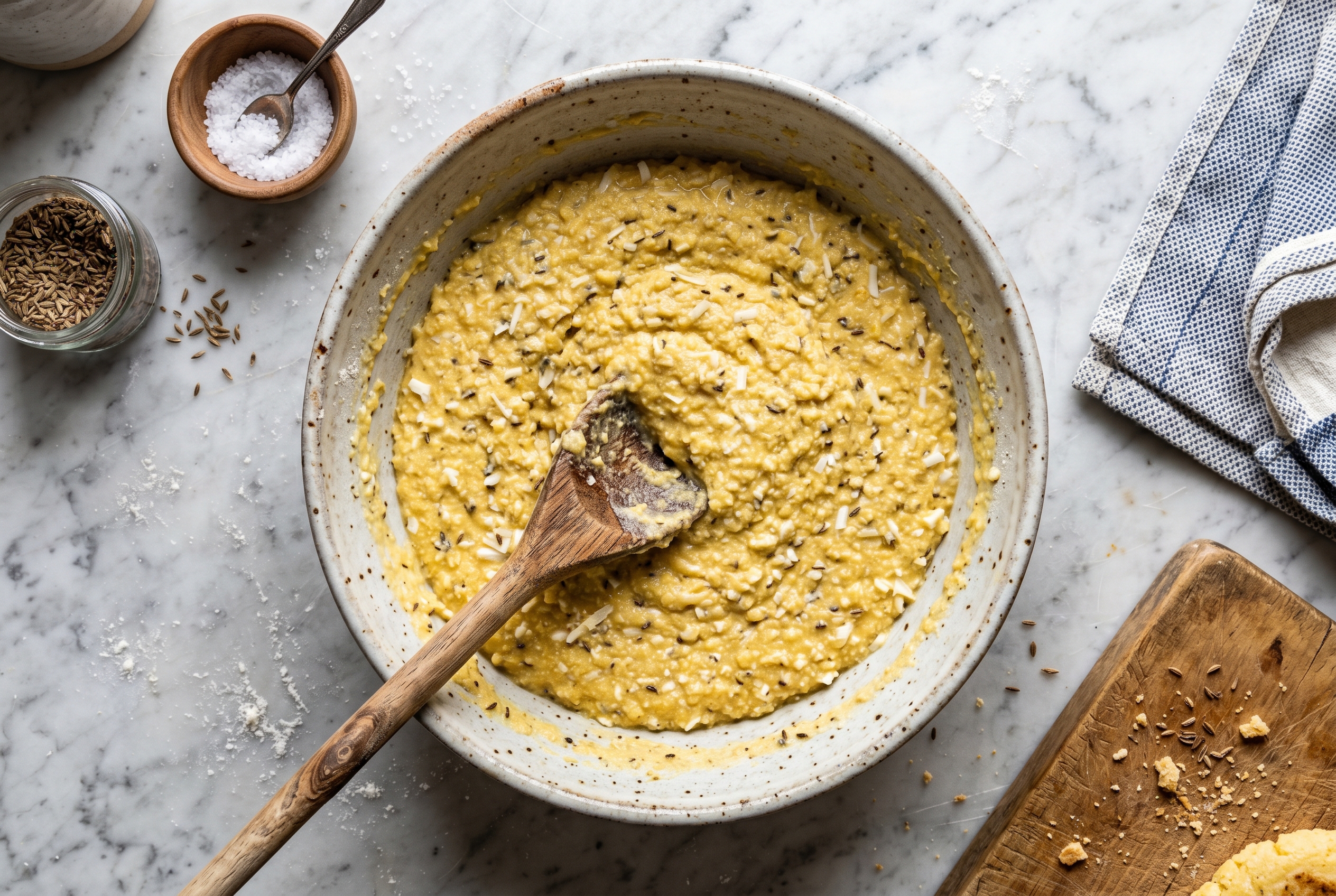 Arepita batter with cornmeal cheese and anise being mixed in bowl