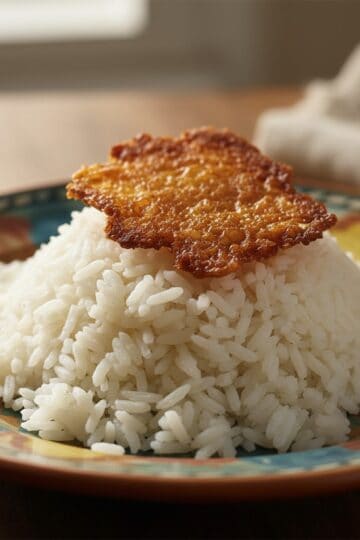 Dominican arroz blanco fluffy white rice with golden crispy concón crust on a plate