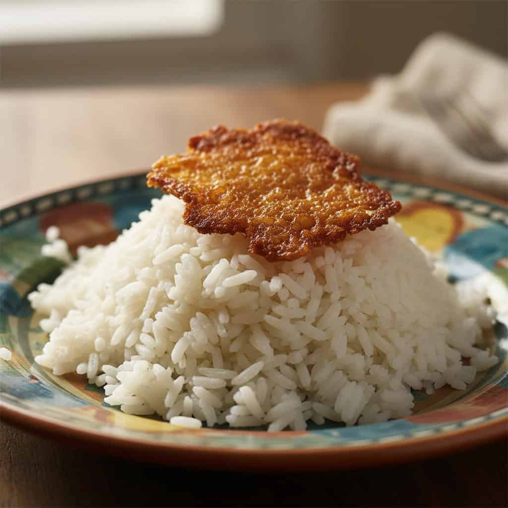 Dominican arroz blanco fluffy white rice with golden crispy concón crust on a plate