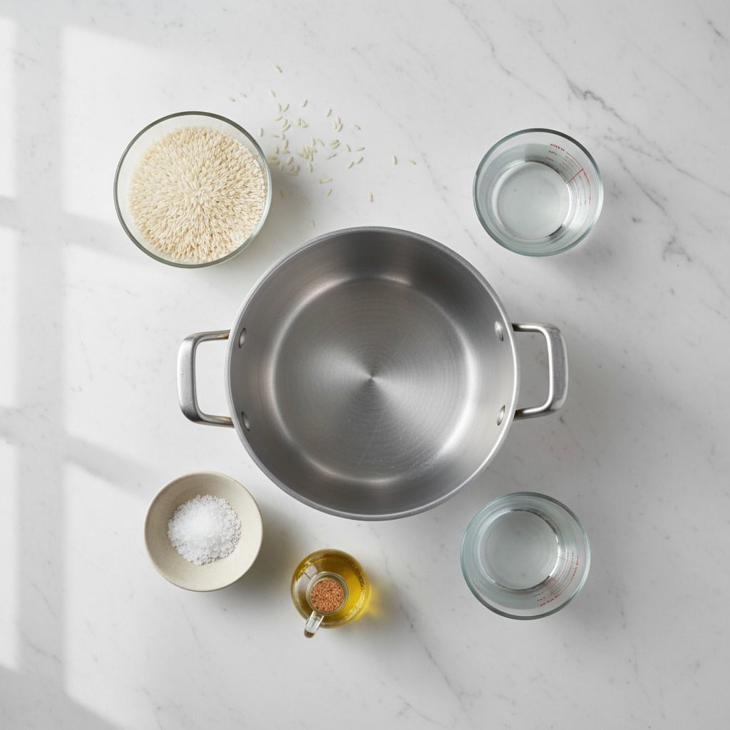 Simple ingredients for Dominican white rice: rice, oil, salt, water