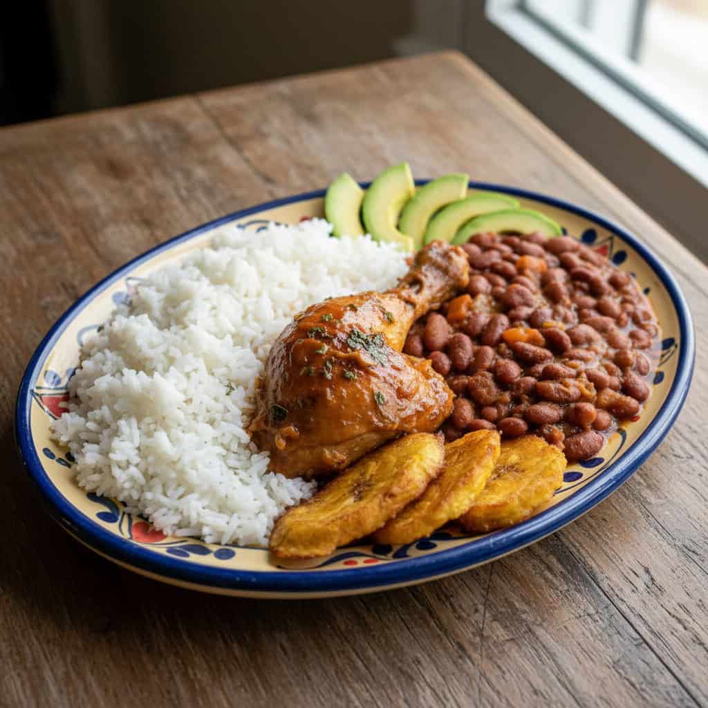 Arroz blanco served with habichuelas guisadas and pollo guisado as la bandera dominicana