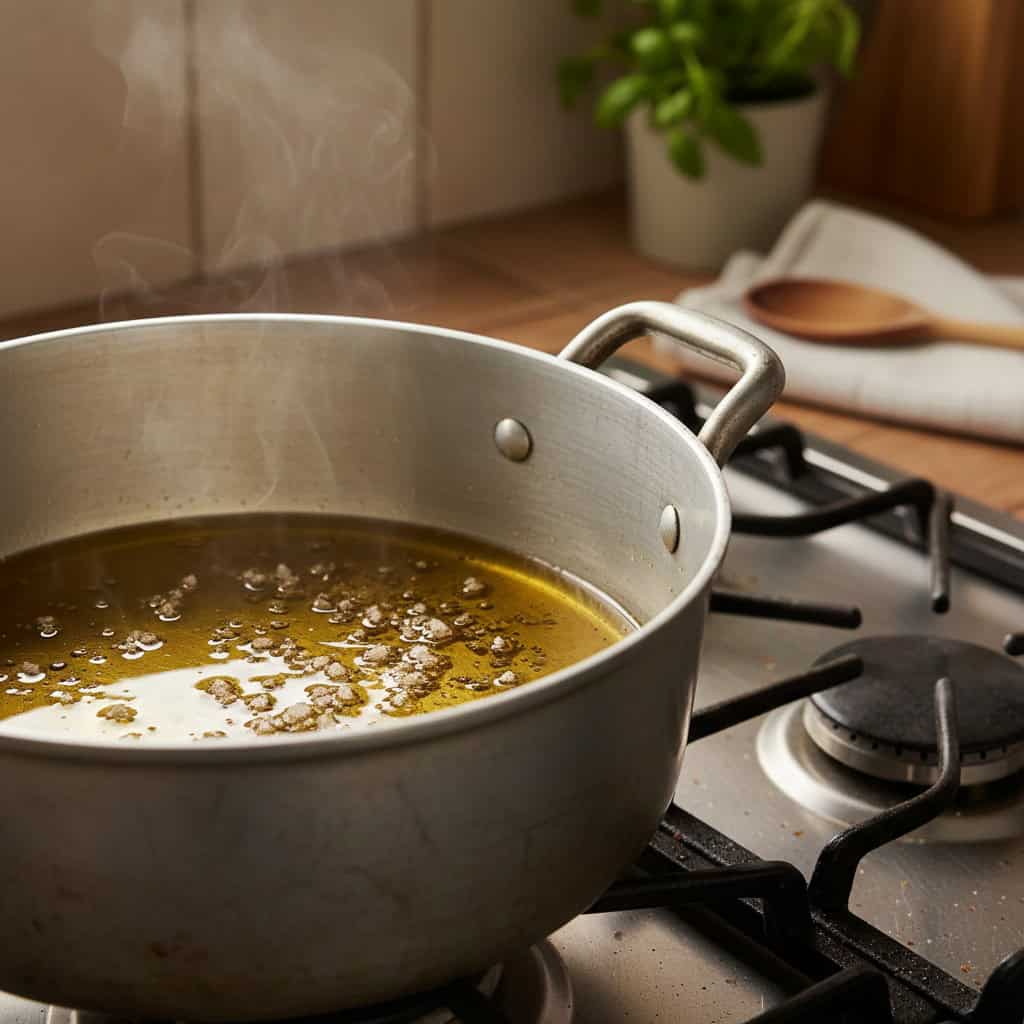 Vegetable oil and salt heating in heavy pot for Dominican rice