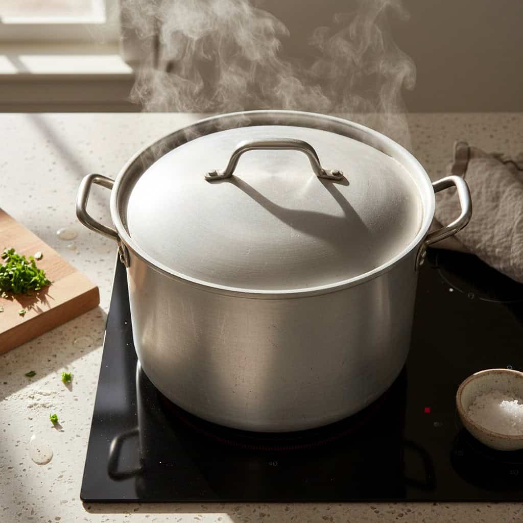 Rice covered with foil and lid for the steaming stage