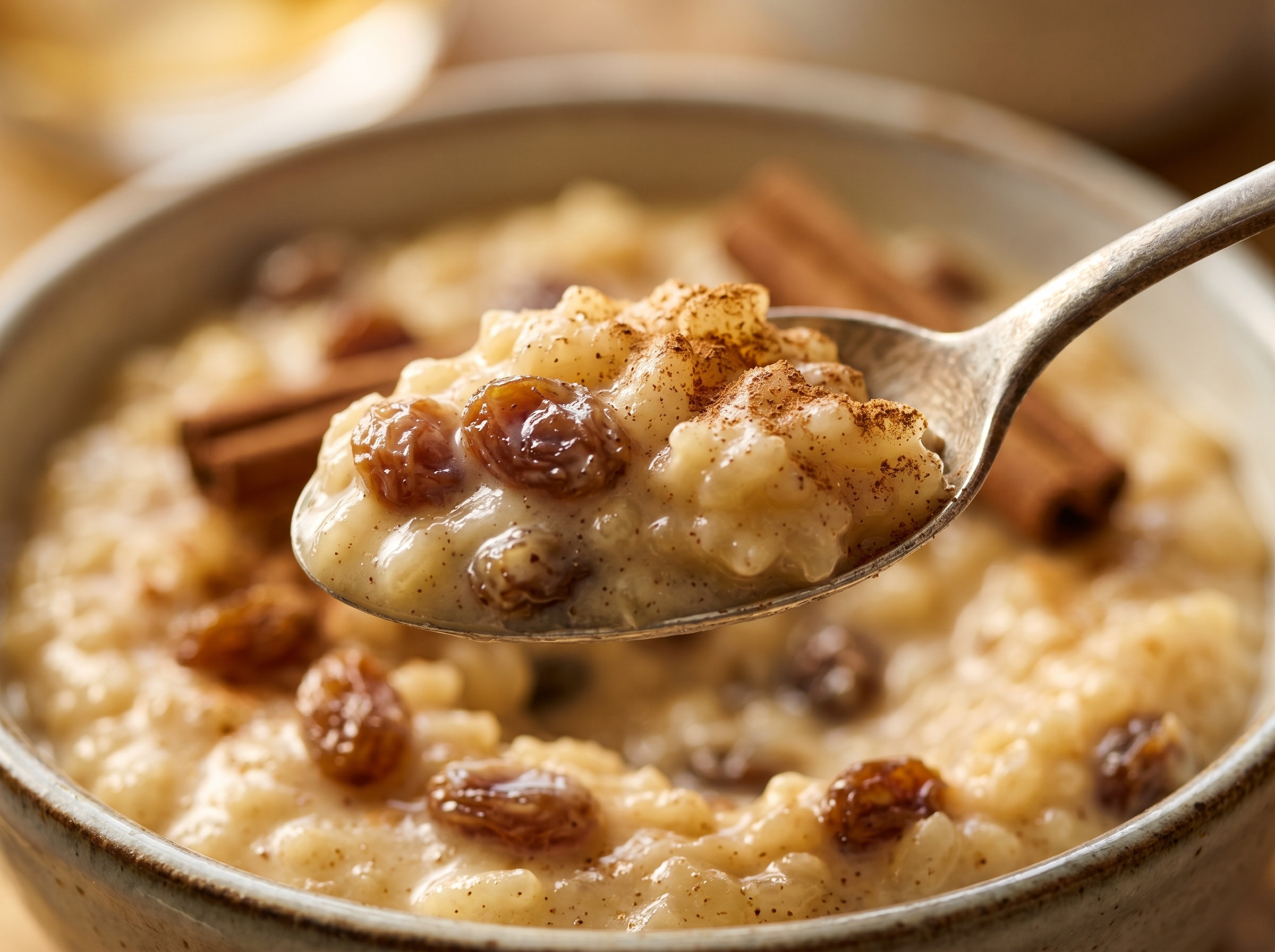 Close-up of creamy arroz con dulce dominicano showing plump raisins and the silky coconut rice texture