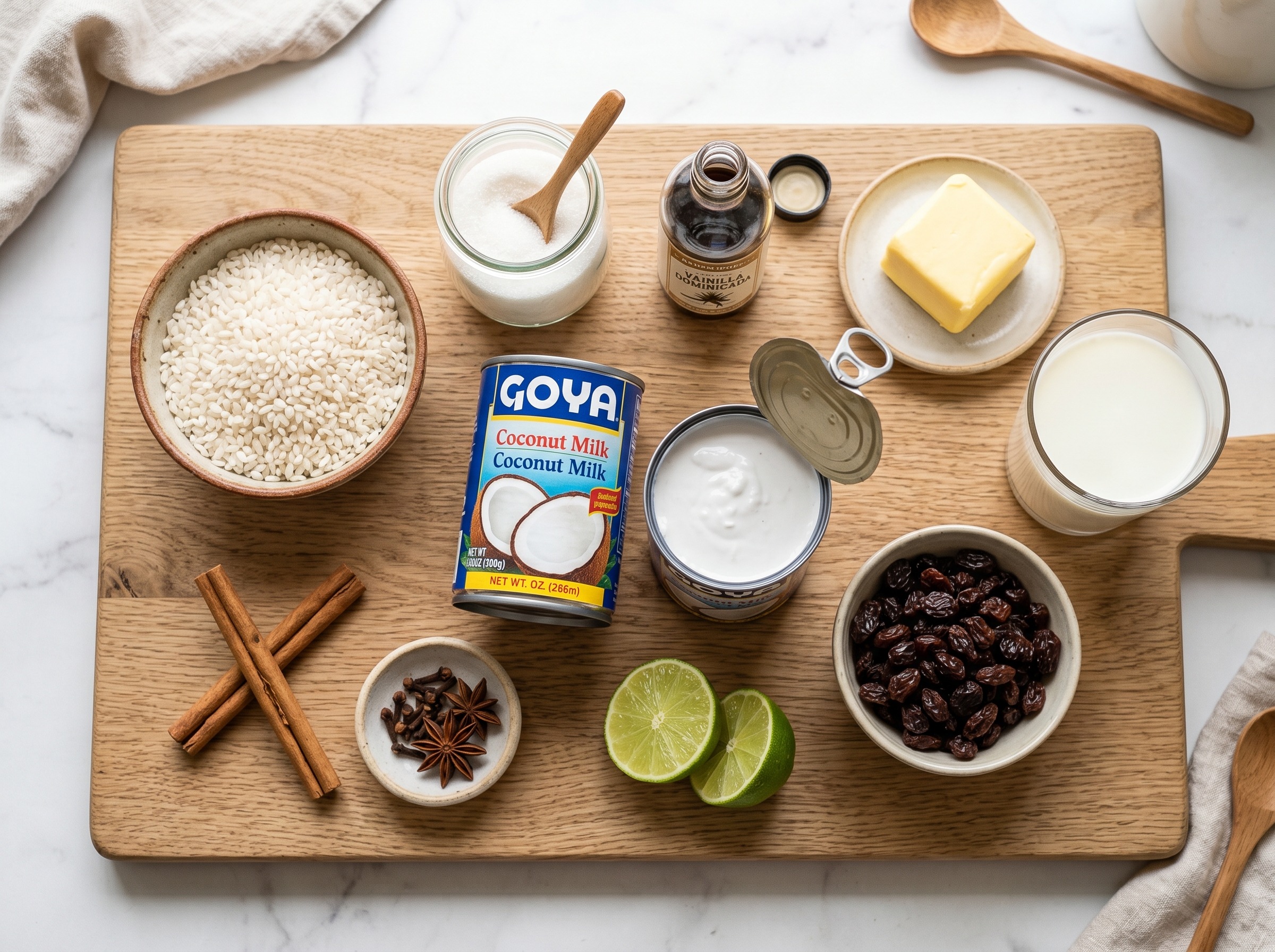 Ingredients for arroz con dulce dominicano laid out on a wooden surface — rice, coconut milk, cinnamon sticks, cloves, raisins, sugar, vanilla, lime
