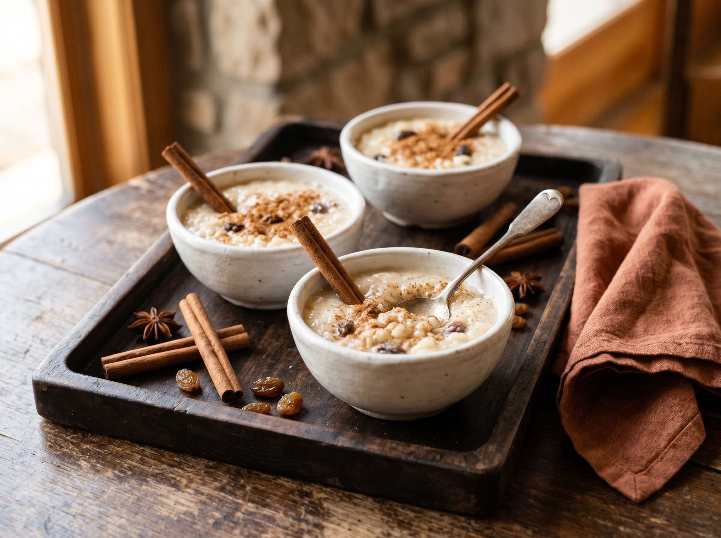Arroz con dulce dominicano served in small bowls with a sprinkle of ground cinnamon and a cinnamon stick garnish