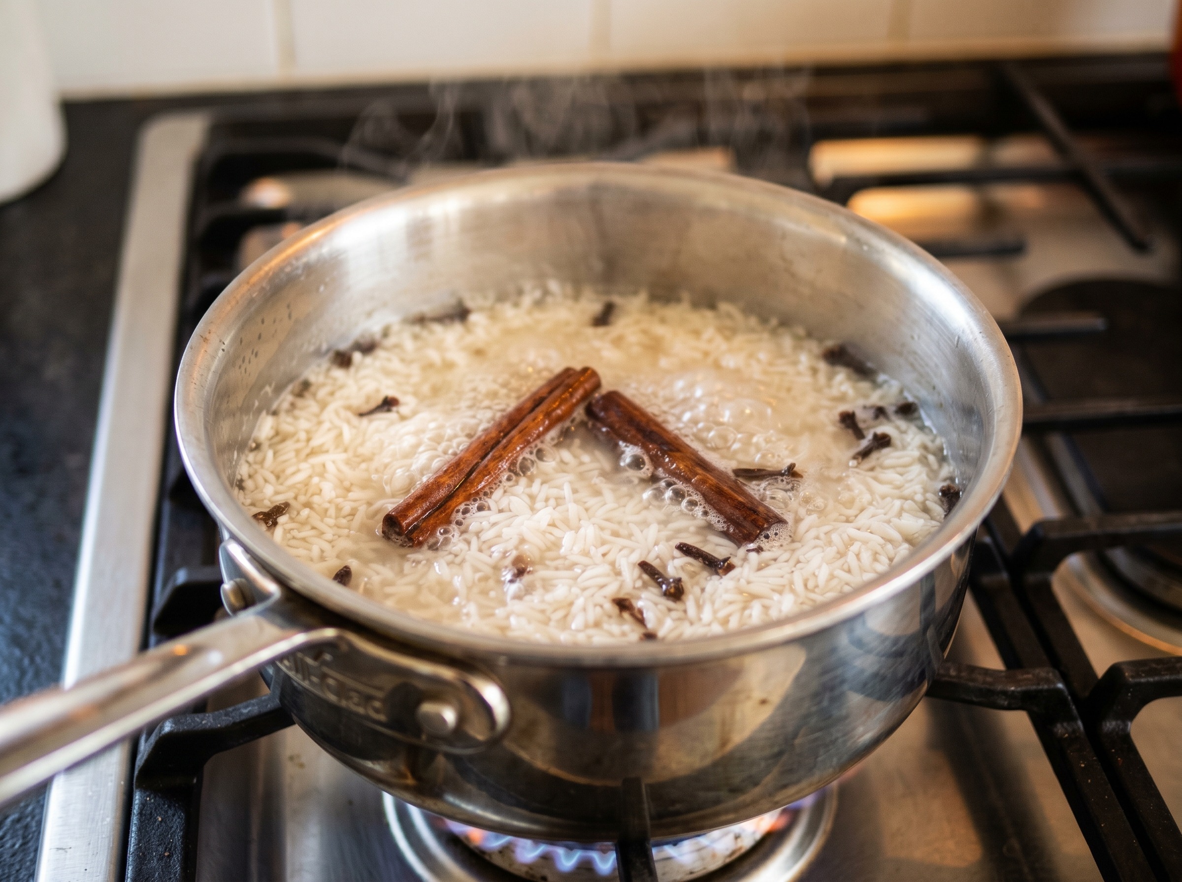 Rice cooking with cinnamon sticks and whole cloves in a saucepan — first step of making arroz con dulce dominicano