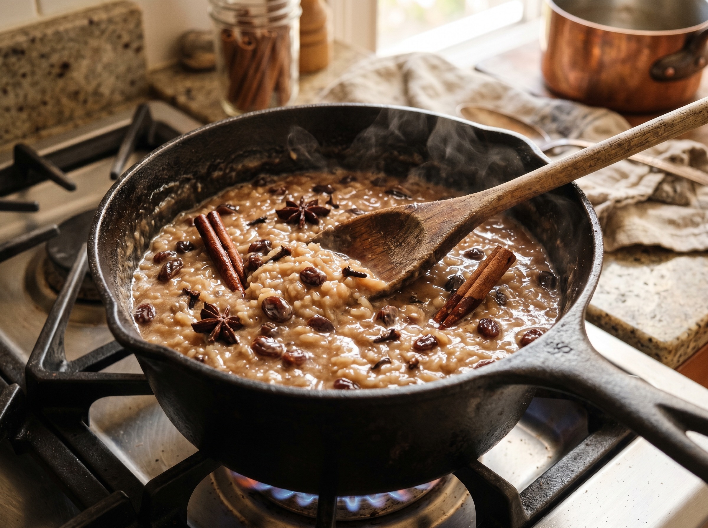 Thick and creamy arroz con dulce simmering in a pot with plump raisins and cinnamon sticks visible