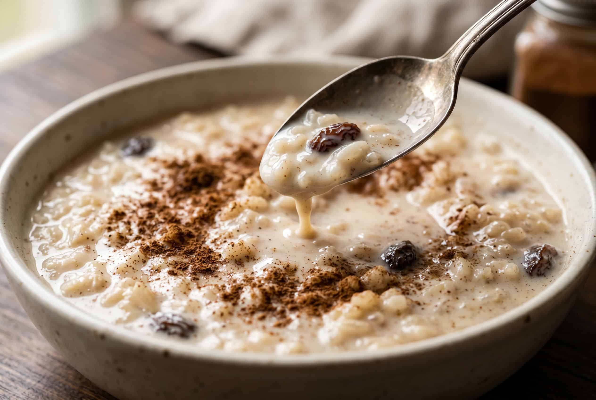 Close-up of creamy Dominican arroz con leche with cinnamon dust