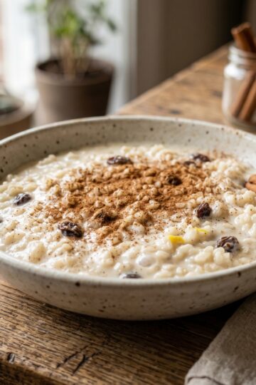Bowl of Dominican arroz con leche dusted with cinnamon