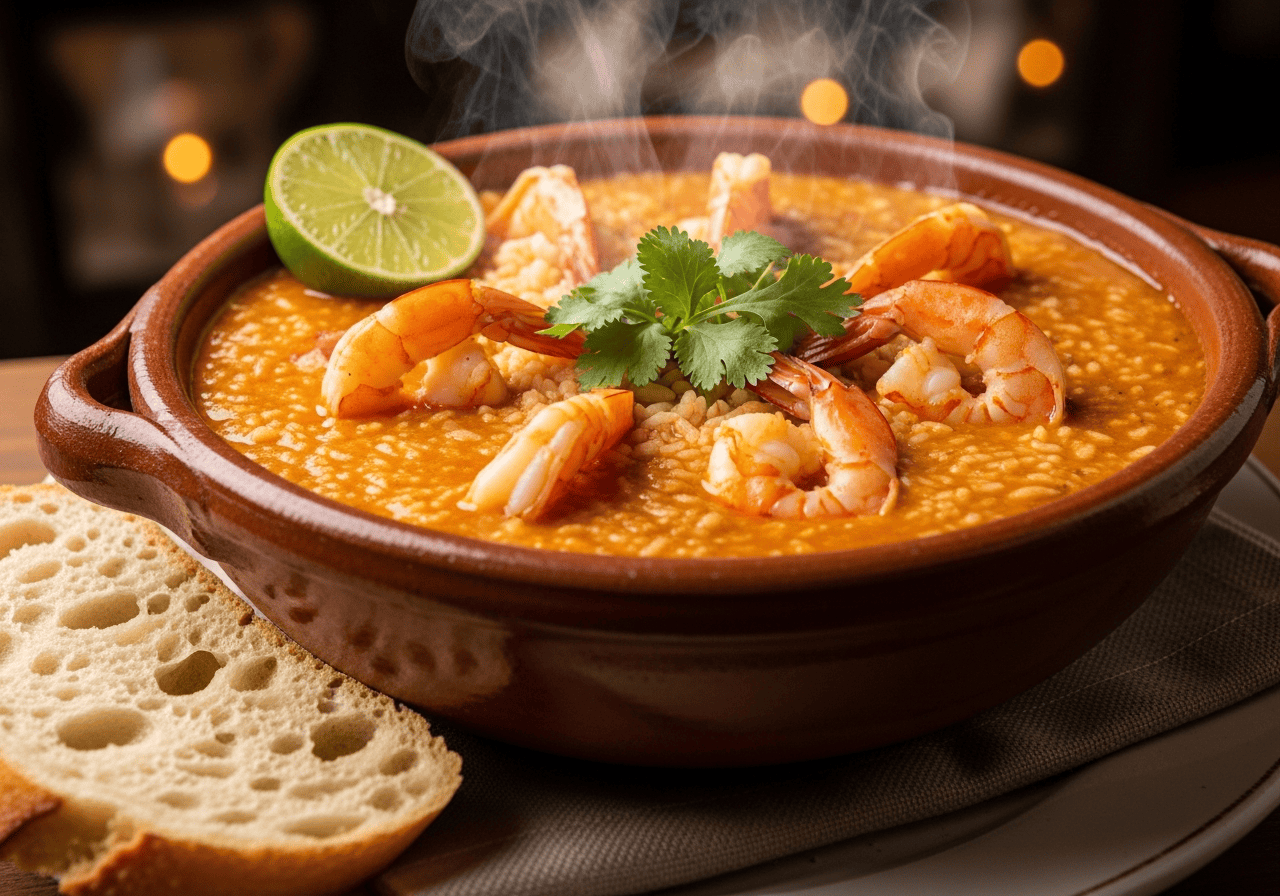 Asopao de Camarones served and plated