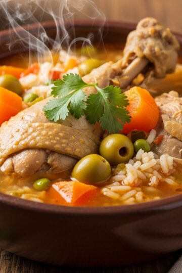 Dominican asopao de pollo in a deep bowl — thick golden-red chicken rice soup with cilantro
