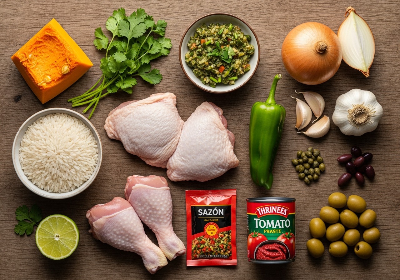 Ingredients for asopao de pollo — chicken, rice, sofrito, sazón, olives, capers, auyama, onion, cubanelle