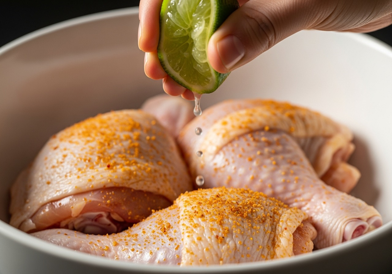 Chicken pieces marinating with adobo and lime juice in a bowl
