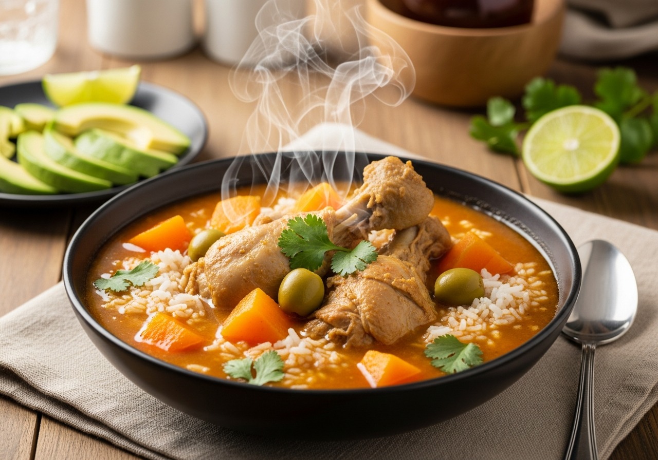 Bowl of Dominican asopao de pollo served at a home table with avocado and lime