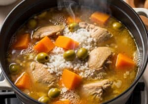 Asopao simmering with chicken, rice, olives, and auyama in golden broth