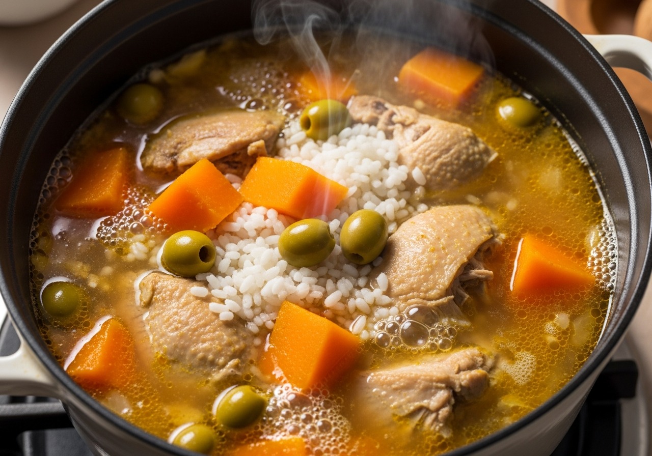 Asopao simmering with chicken, rice, olives, and auyama in golden broth