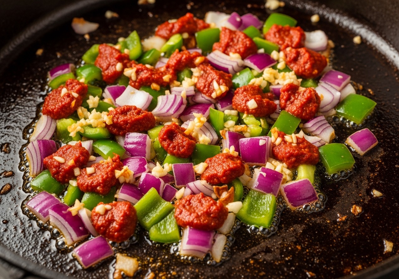 Sofrito with onions, cubanelle, garlic, and tomato paste cooking in chicken fat