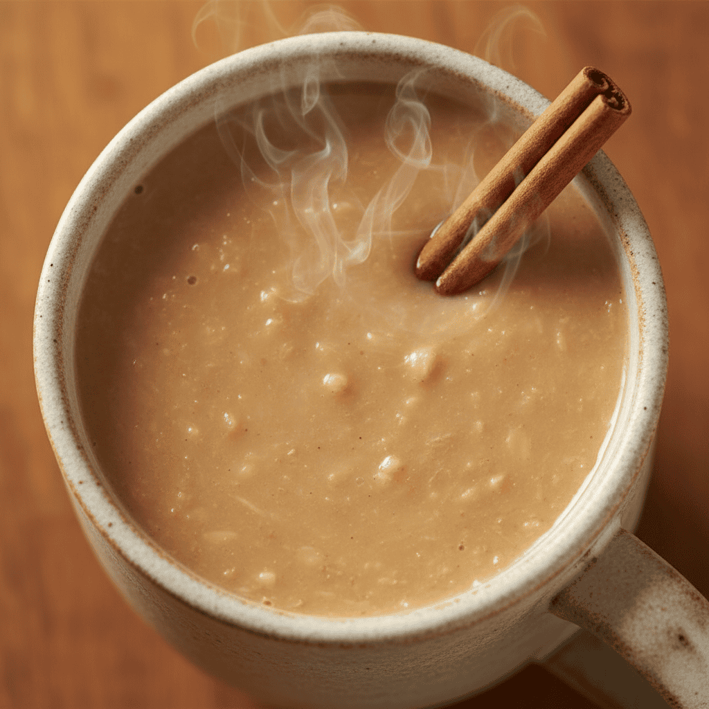 Close-up overhead of Dominican avena dominicana caliente in a mug with cinnamon