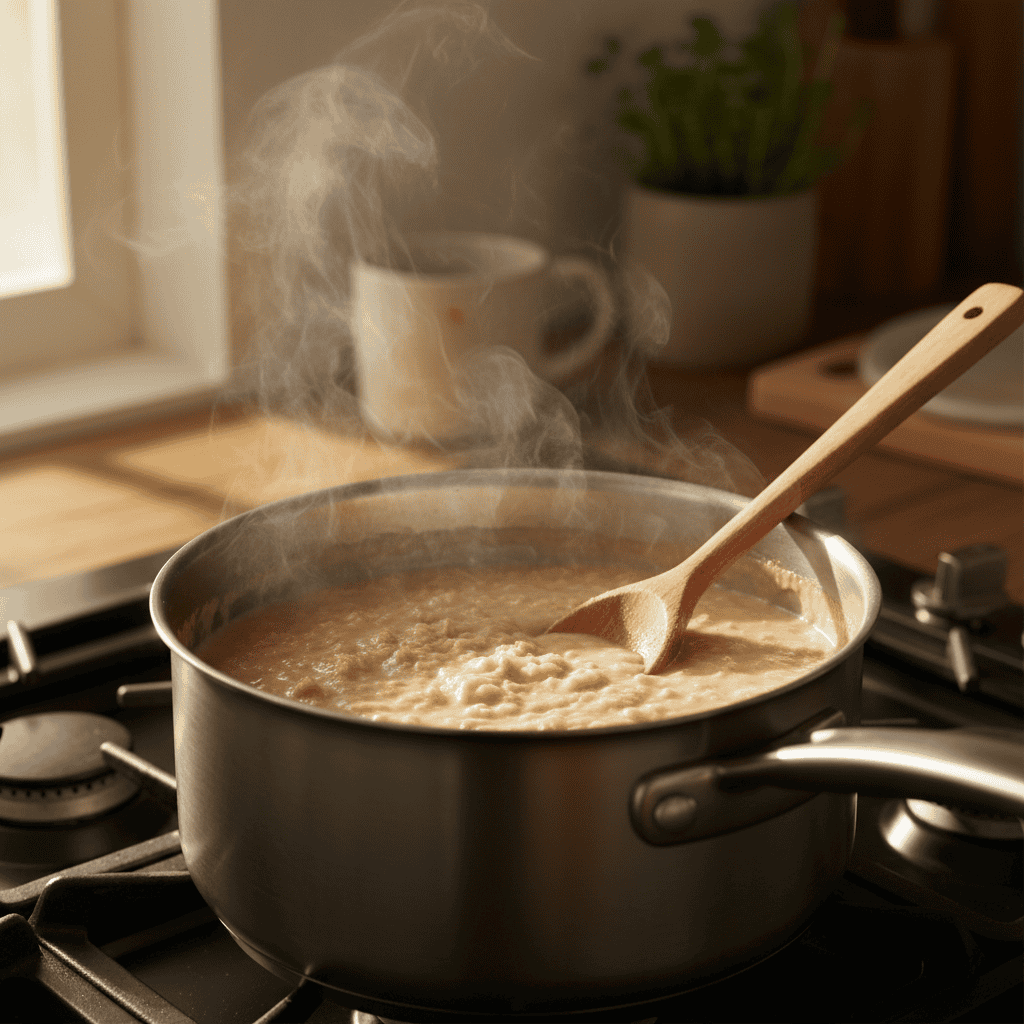 Dominican avena simmering thick and creamy in a saucepan with wooden spoon