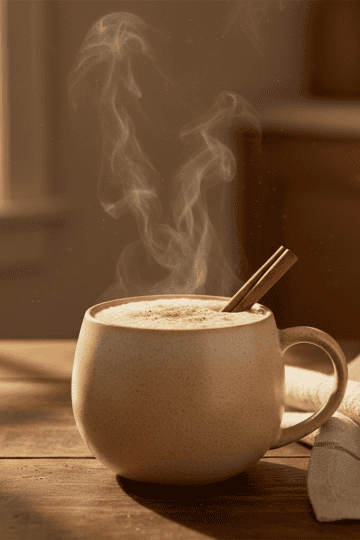 Steaming mug of Dominican avena dominicana caliente with cinnamon stick — warm Dominican oat drink