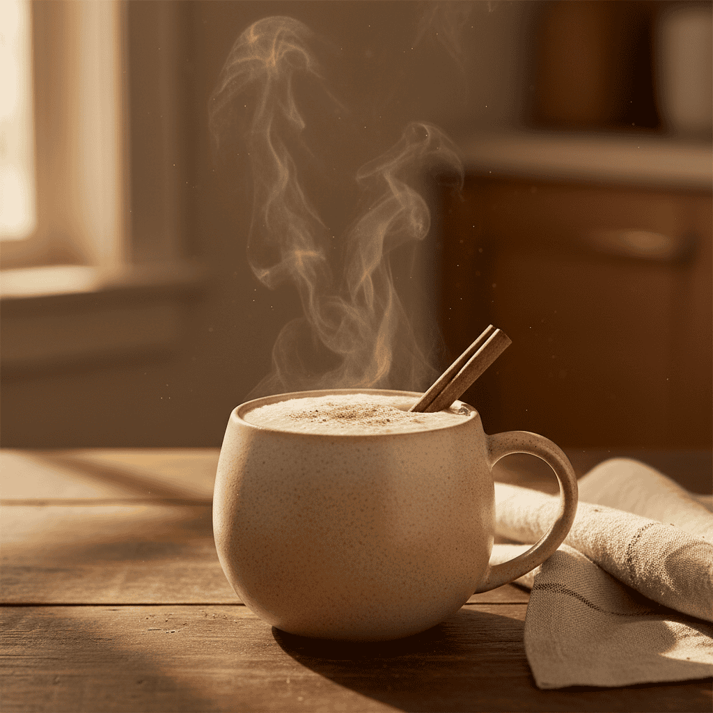 Steaming mug of Dominican avena dominicana caliente with cinnamon stick — warm Dominican oat drink