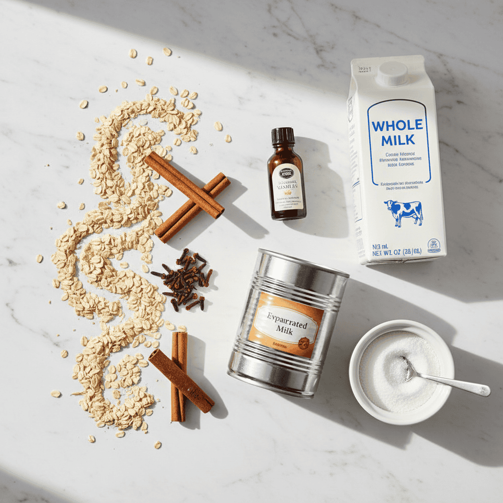 Avena dominicana caliente ingredients — rolled oats, cinnamon, cloves, evaporated milk, sugar