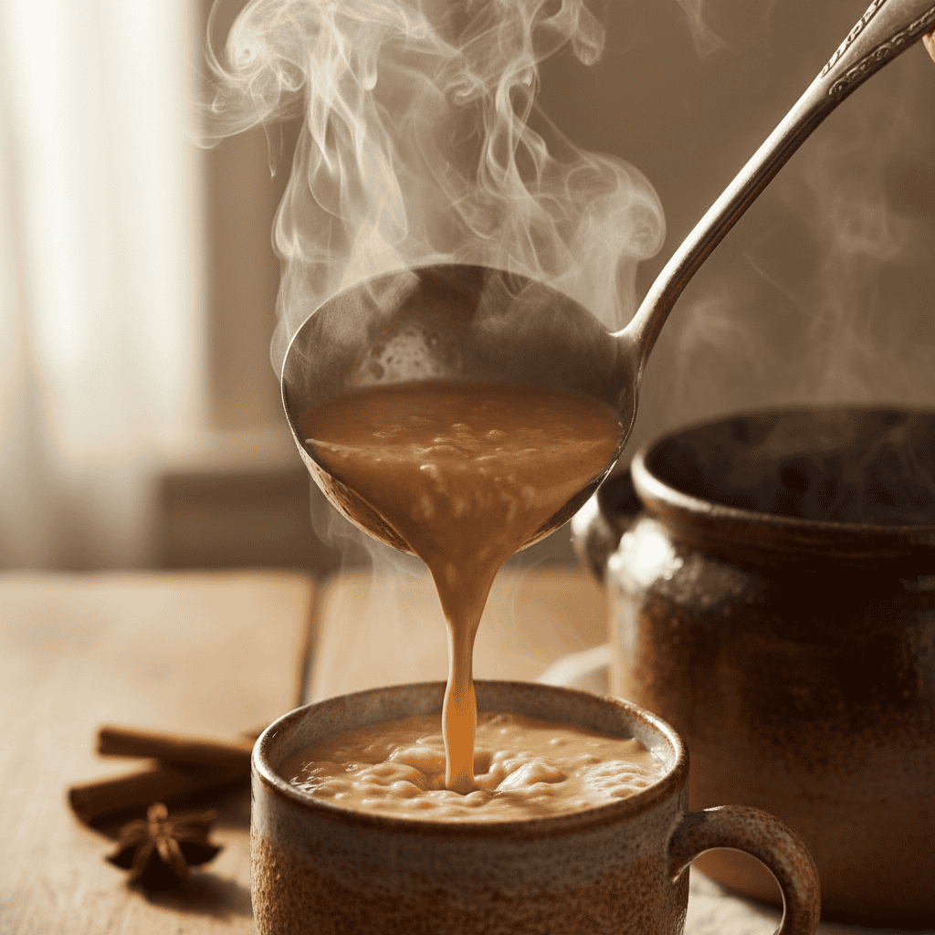 Warm creamy Dominican avena caliente being ladled into a ceramic mug