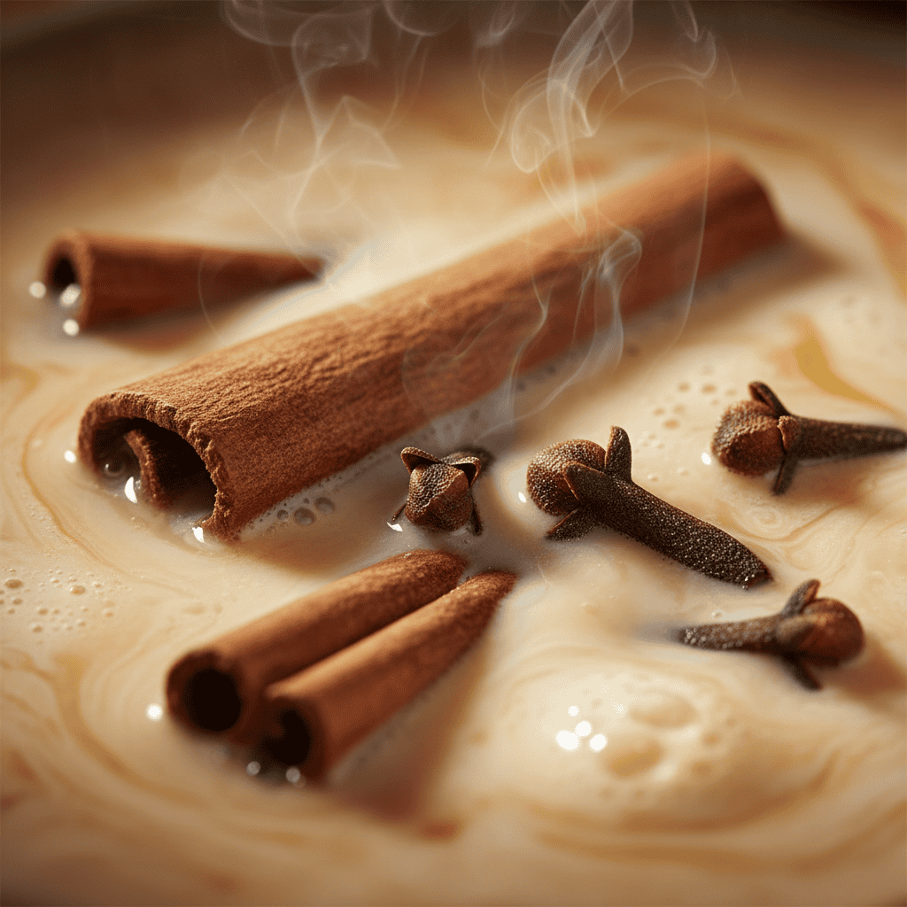 Cinnamon sticks and cloves infusing in warm milk for Dominican avena dominicana