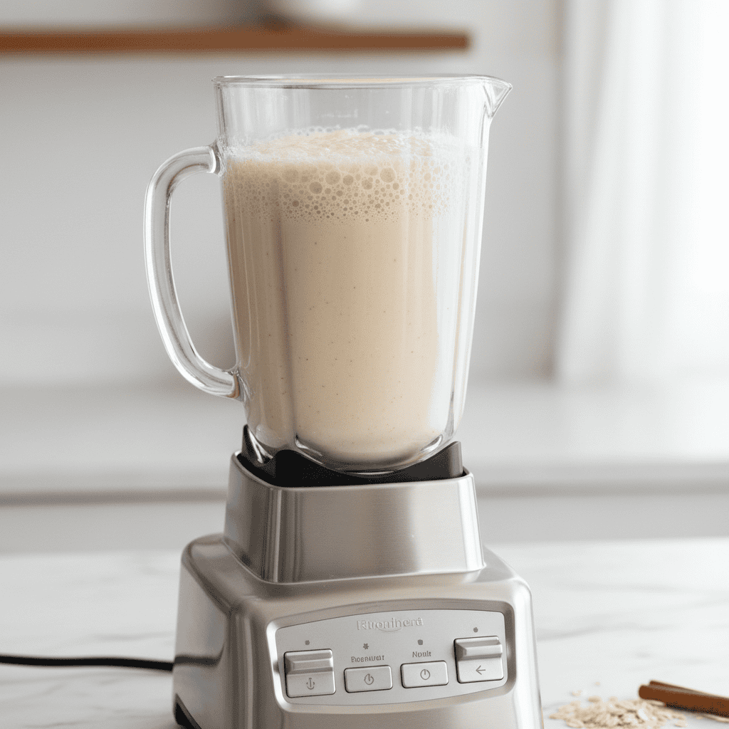 Blender pitcher with creamy pale beige avena fria Dominican oat drink